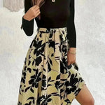 Floral Print Long Sleeve Skirt Dress Fashion Round Neck Flared Dress for Women - EX-STOCK CANADA