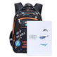 Backpack with space-themed design and a book about whales on a white background