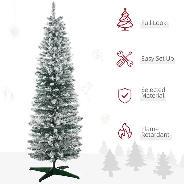 6ft Tall Pencil Artificial Christmas Tree, Holiday Decor With Snow Flocked Branches, Green EX-STOCK Canada 