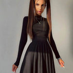 Y2K Long-sleeved Party Club Dress Solid Color Round Neck A-line Mini Skater Dress - EX-STOCK Canada