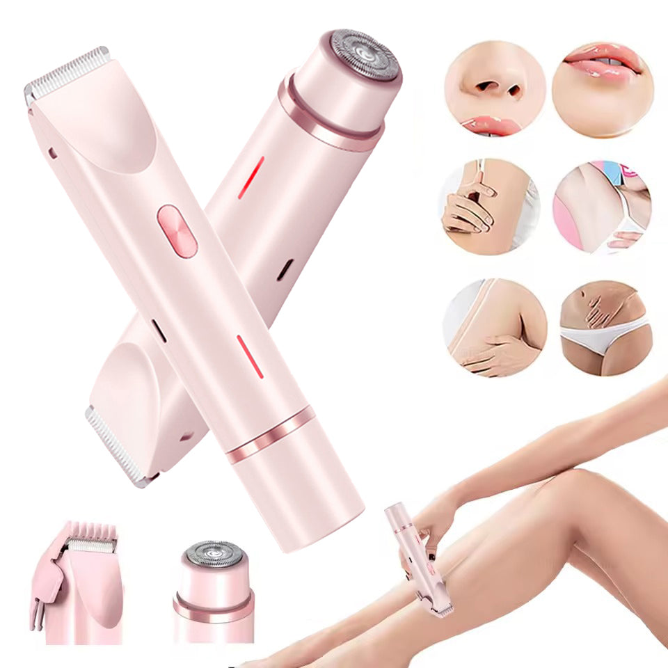 Pink hair removal device with before and after effects on skin and body parts.