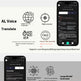 Promotional infographic for a True AI transcription and translation service, featuring text callouts, app screenshots, and icons highlighting features like AI voice translation, large model overview, and free monthly access.