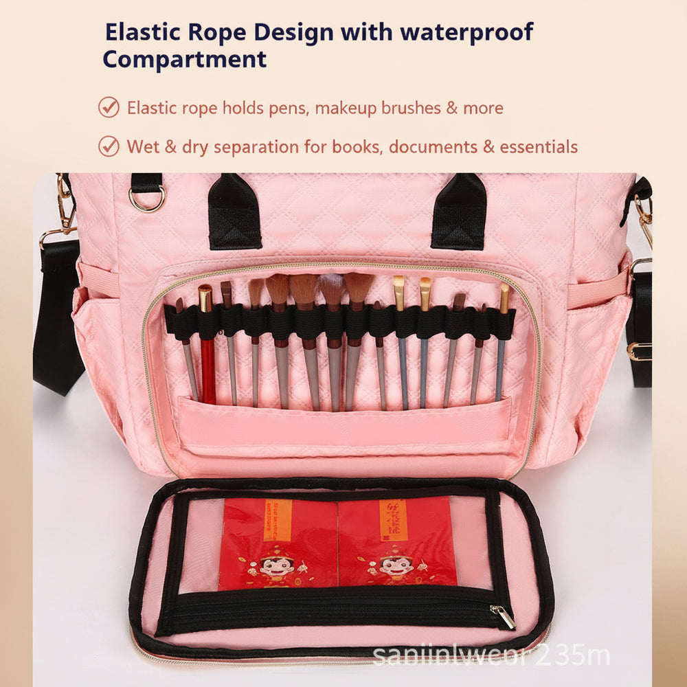 Pink backpack with elastic rope design and waterproof compartment, holding makeup brushes and a book.