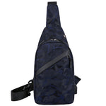 Navy blue camouflage sling bag on a white background