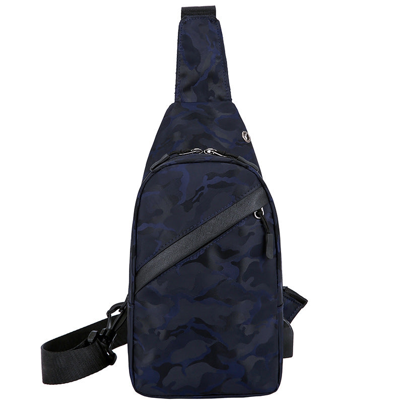 Navy blue camouflage sling bag on a white background