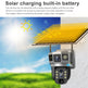 Solar charging built-in battery camera system with solar panel and camera on a wall.