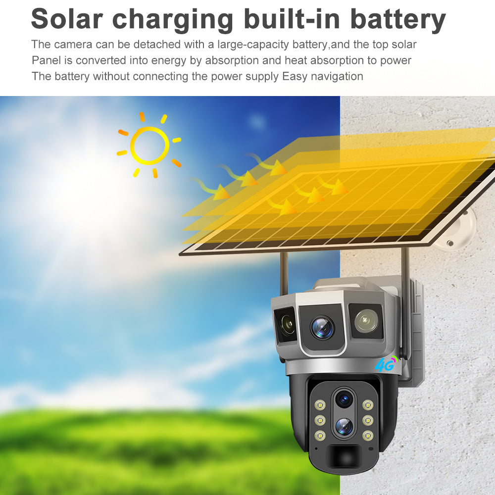 Solar charging built-in battery camera system with solar panel and camera on a wall.