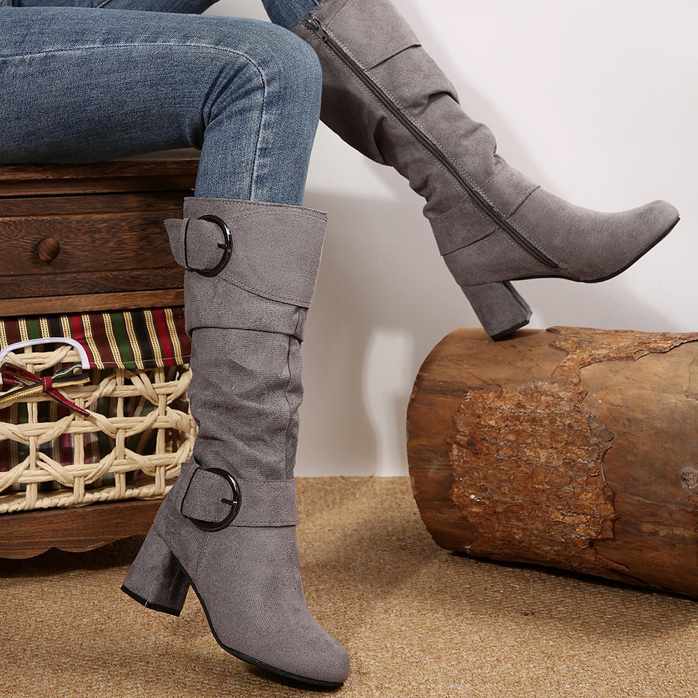 Buckle Strap Chunky Heel Mid-Calf Boots | Black, Beige, Gray