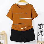 Striped Printed Round Neck Pullover T-shirt Shorts Suit - EX-STOCK Canada