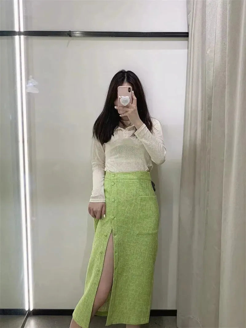 Women's Green Textured Slit High Waist Slit Midi Skirt green - EX-STOCK CANADA