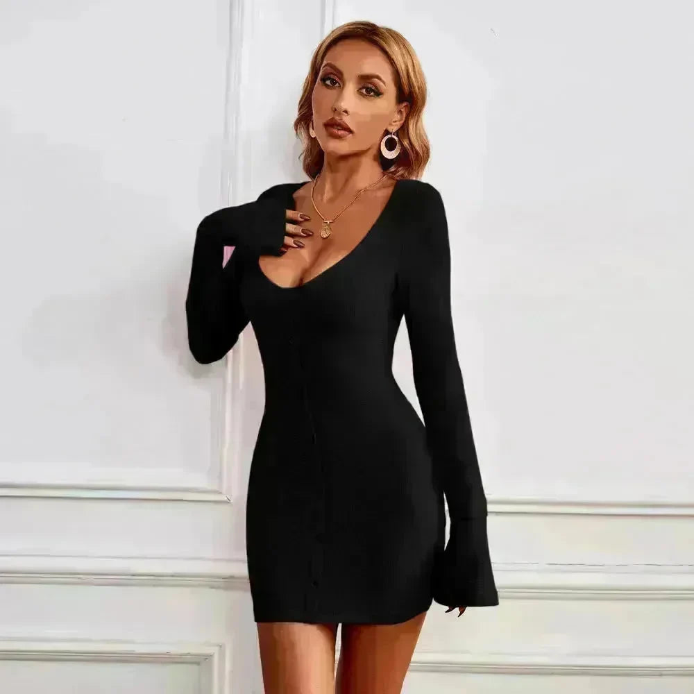 Chic Ladies Bodycon U-neck Long-sleeved Dress Charming Slim Hip-hugging Short Mini  Dresses  for Women - EX-STOCK CANADA