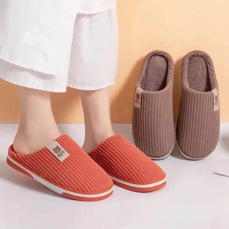 Solid Color Striped Slippers For Women Thick-soled Anti-slip Indoor Warm Plush Home Shoes Couple Women Men Slipper Winter - EX-STOCK Canada