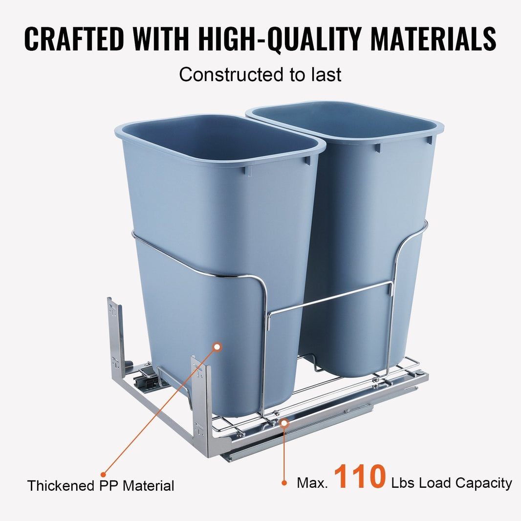 Pull-Out Trash Can, 35Lx2 Double Bins, Under Mount Kitchen Waste Container With Slide And Door Mounting Kit, 110 Lbs Load Capacity Heavy Duty Garbage Recycling Bin For Kitchen Cabinet, Sink EX-STOCK