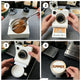 A four-panel demonstration collage showing a small white instant-camera-style coffee maker or dispenser being used to create latte art and pour powder into a cup. Hands are visible in each panel, and the background includes kitchen items such as an espresso machine, cup, and countertop.