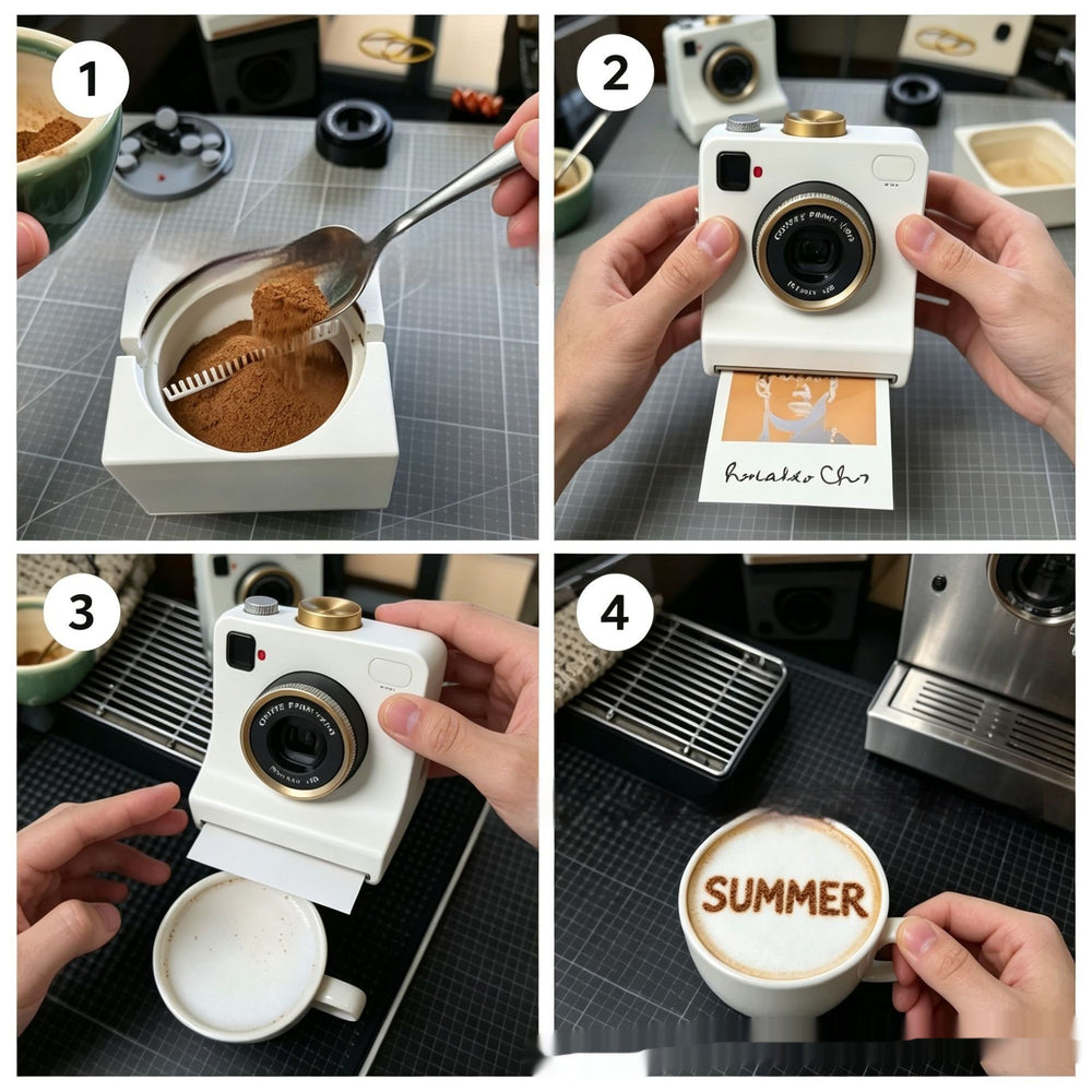A four-panel demonstration collage showing a small white instant-camera-style coffee maker or dispenser being used to create latte art and pour powder into a cup. Hands are visible in each panel, and the background includes kitchen items such as an espresso machine, cup, and countertop.