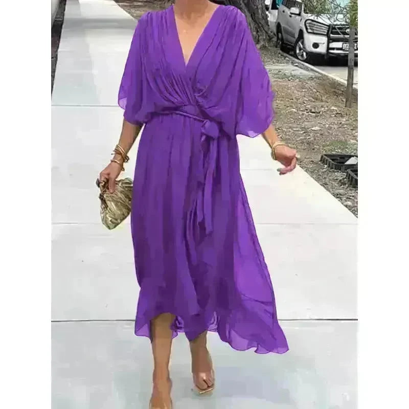 Batwing Sleeve V-neck Dress Summer Pure Color Tied Irregular Wrap Midi Dresses for Women - EX-STOCK CANADA