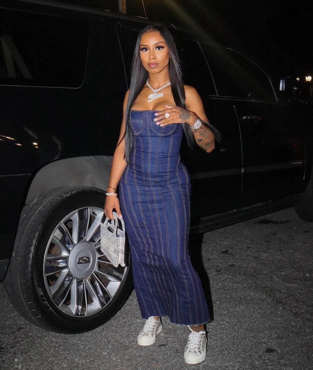 Fashion Strapless Tube Top Denim Long Fitted Jeans Dress - EX-STOCK Canada