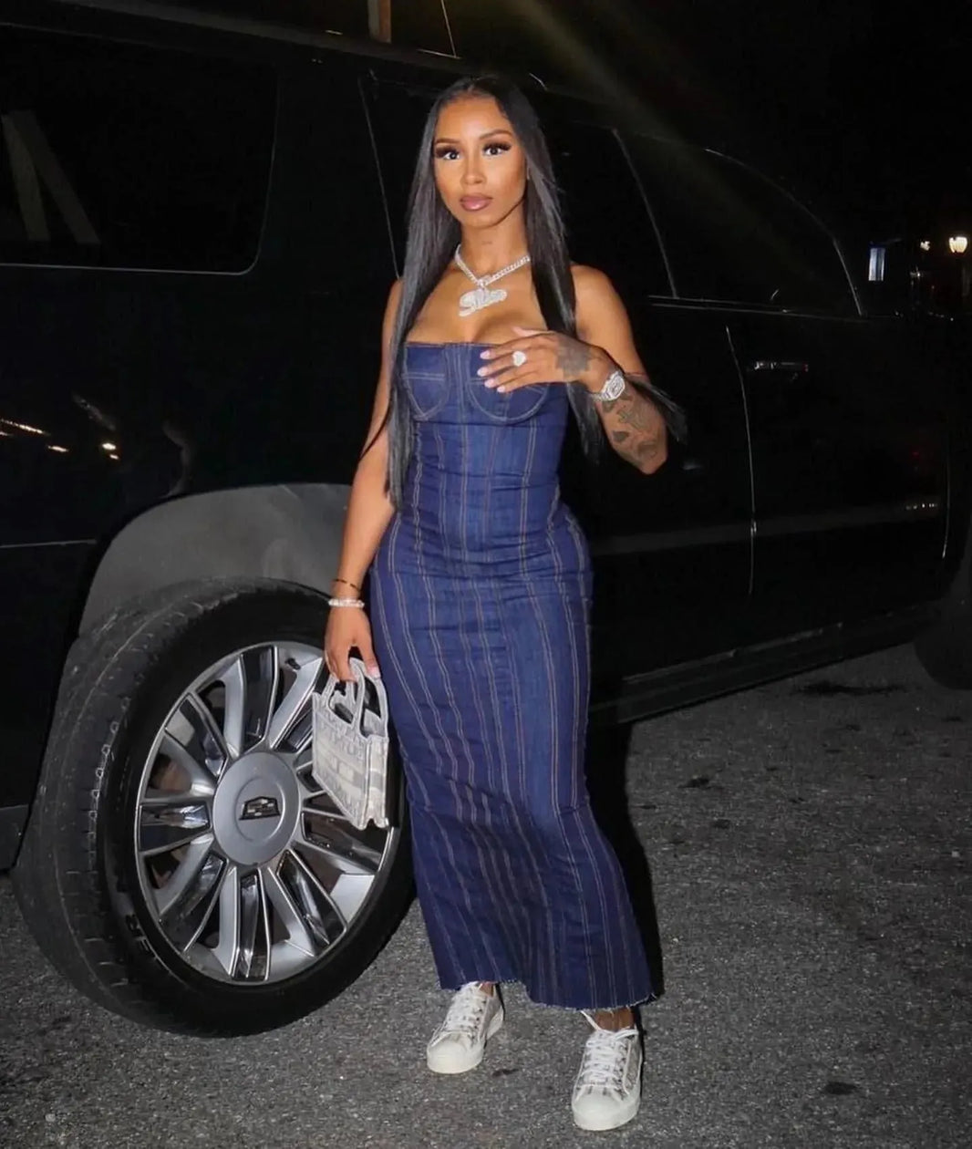 Fashion Strapless Tube Top Denim Long Fitted Jeans Dress - EX-STOCK CANADA