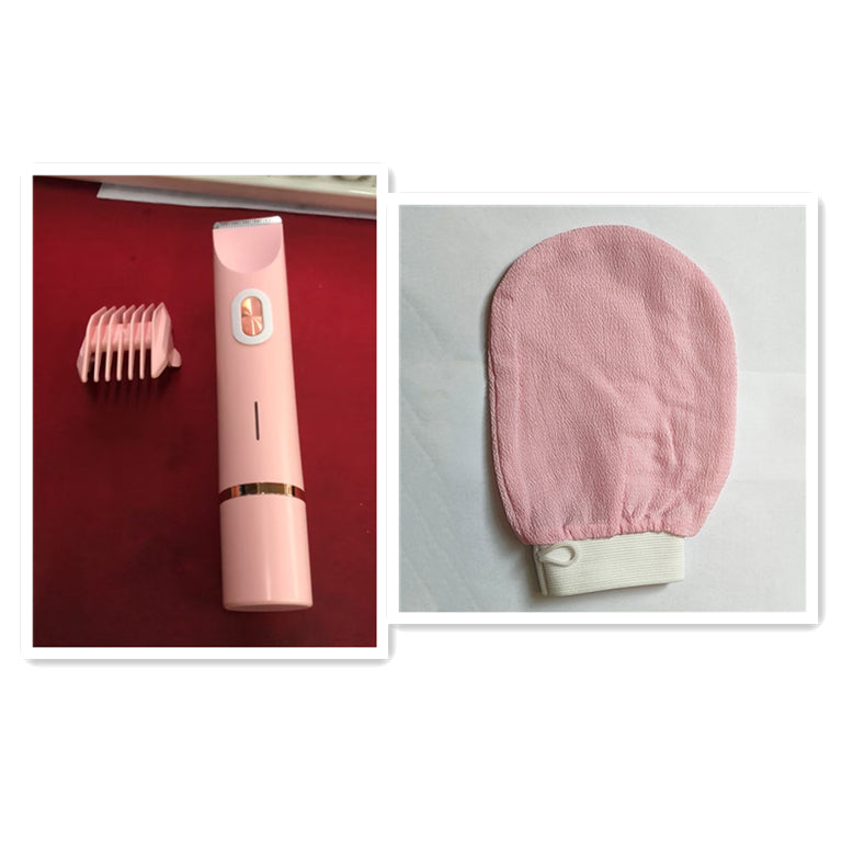 Pink hair removal device with attachments on a red background and a pink mitt on a gray background.