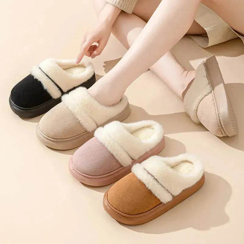 Fashion Warm Cotton Slippers For Women Leisure Thick Bottom Non-slip Plus-velvet House Shoes Winter Bedroom Floor Suede Slipper - EX-STOCK Canada