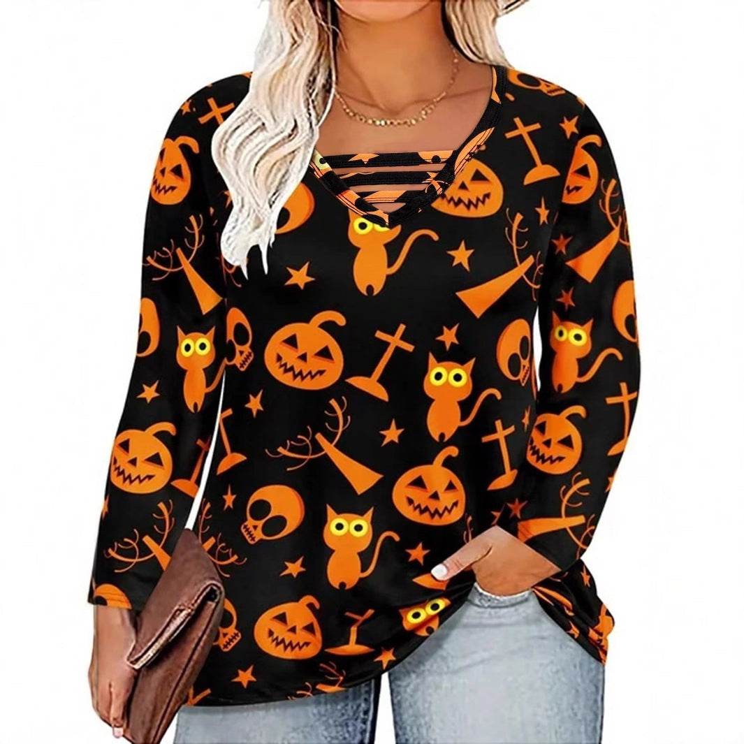 Digital Printing Halloween Round Neck Long Sleeve Plus Size T-shirt - EX-STOCK Canada