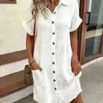 Womens Button Down Shirt Dress Summer Cotton Linen Dress V-Neck Mini Dress Casual Short Sleeve Loose Tunic Dresses - EX-STOCK CANADA