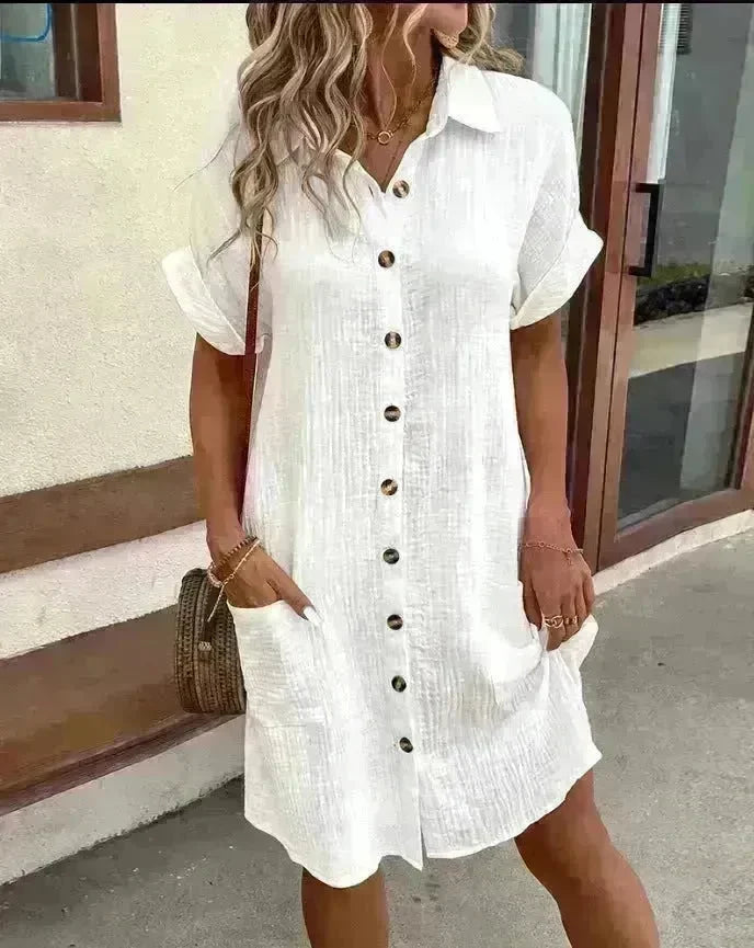 Womens Button Down Shirt Dress Summer Cotton Linen Dress V-Neck Mini Dress Casual Short Sleeve Loose Tunic Dresses - EX-STOCK CANADA