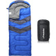 Blue and gray sleeping bag with black carrying bag on a white background