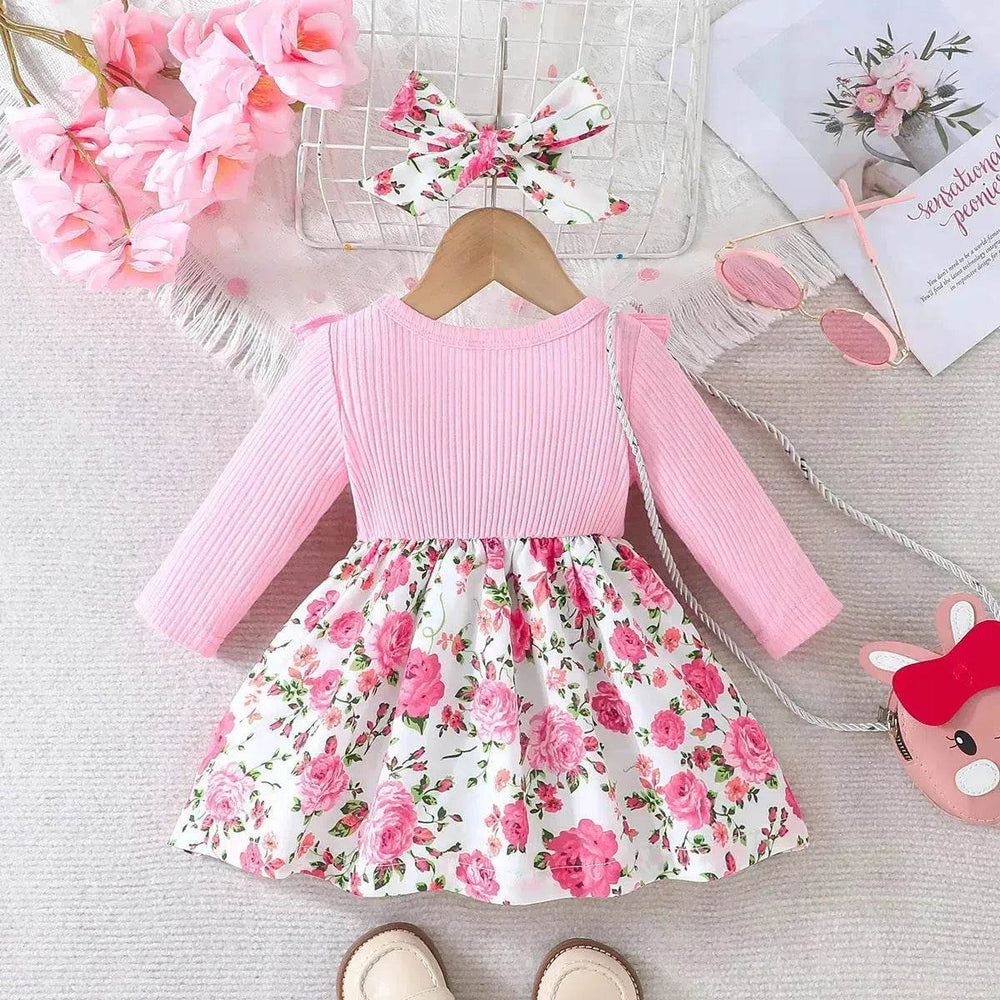 Newborn baby girl Winter floral Printed Bow Dress Suit Baby girl Dress outwear for girls plus head bowtie Baby girl pink dress - EX-STOCK Canada