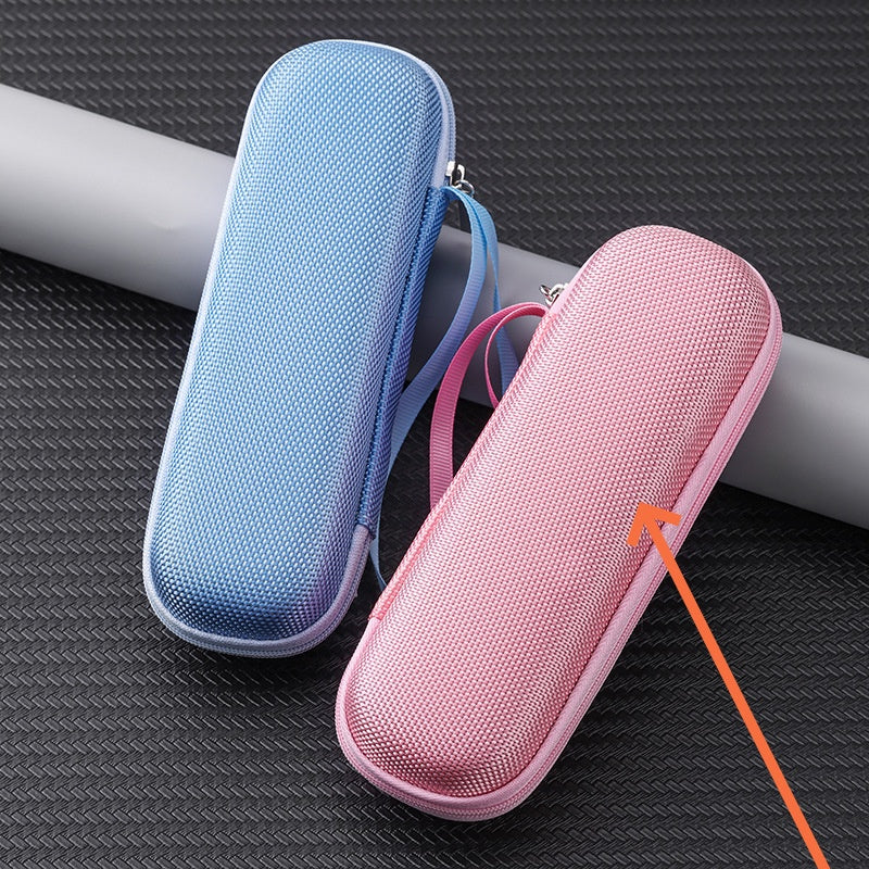 Blue and pink mesh cases on a textured surface