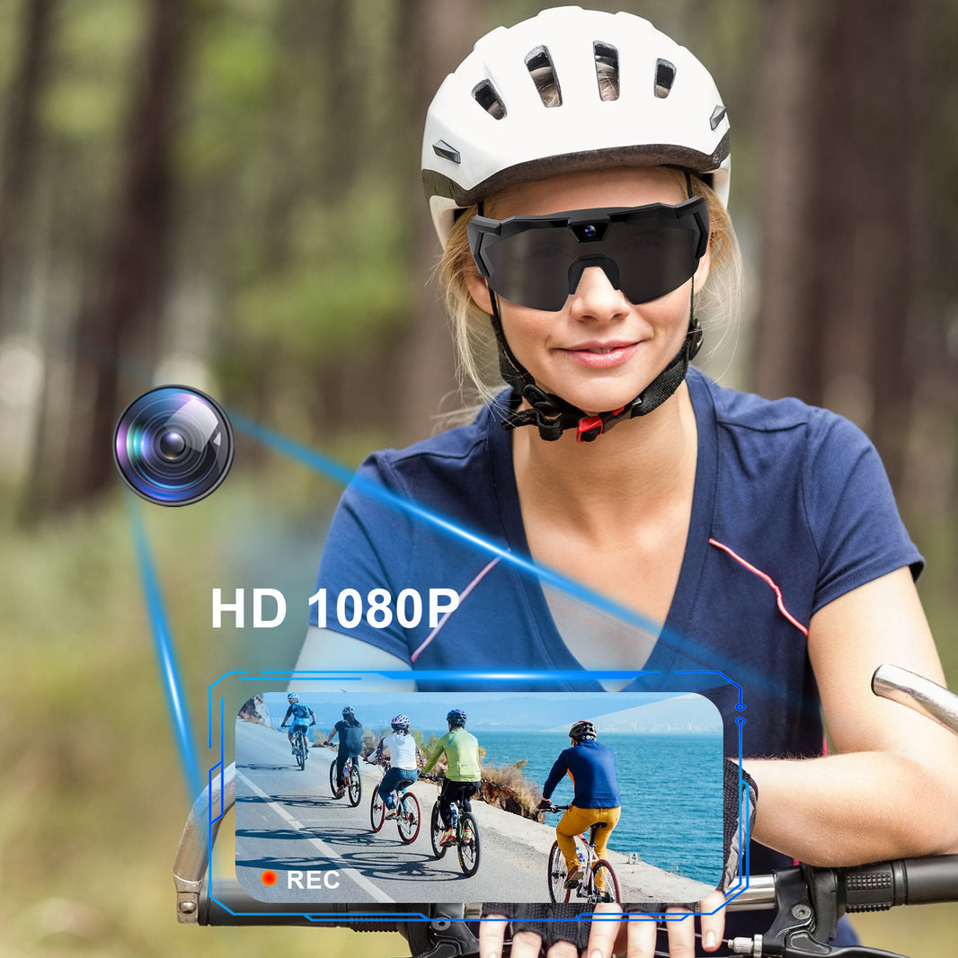 Person wearing a helmet and sunglasses with a camera lens overlay, set against a forest background.