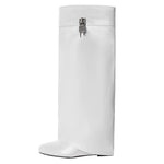 White knee-high boot with a silver buckle on a white background