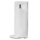White knee-high boot with a silver buckle on a white background
