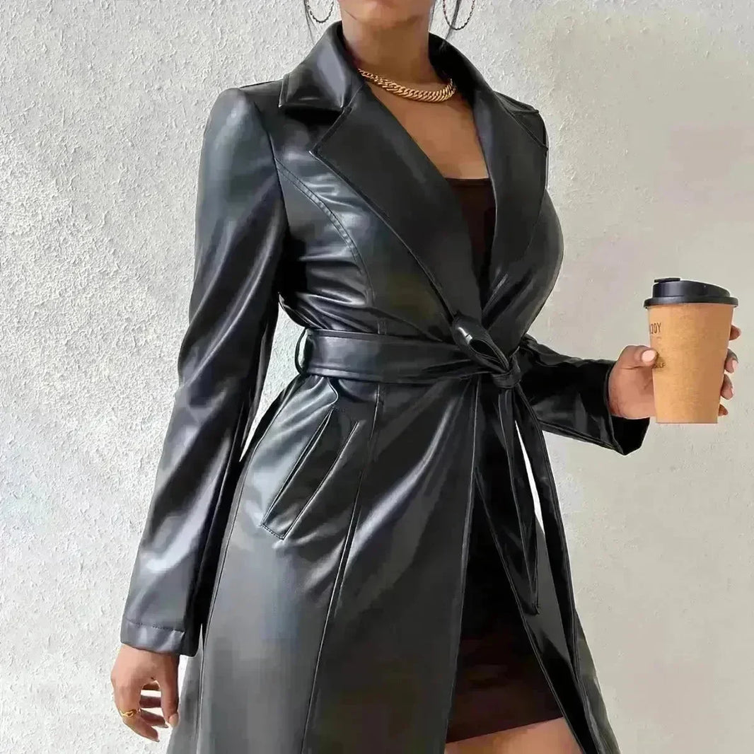 Fashionable Longline leather overcoat Jacket for women - EX-STOCK CANADA