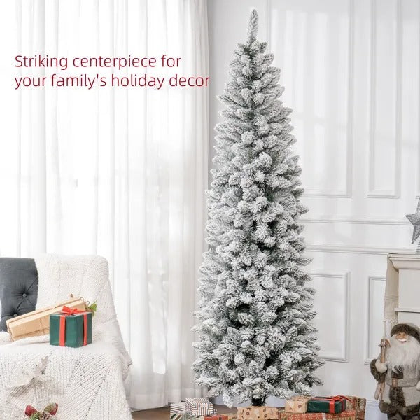 7ft Pencil Christmas Tree, Flocked Tree With 687 Branch Tips And Metal Base For Home, Indoor, Holiday EX-STOCK Canada 