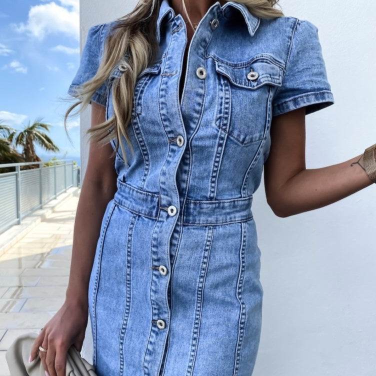 Stretch Mid Length Retro jeans Slim Single-breasted button down short sleeve Denim Dress - EX-STOCK Canada