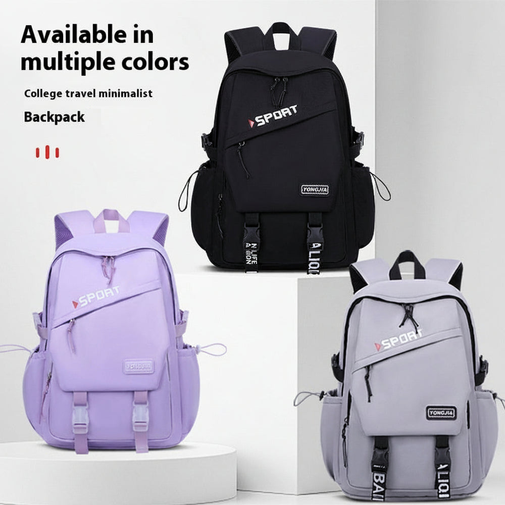 Black, purple, and gray backpacks with 'SPORT' branding on a white background.