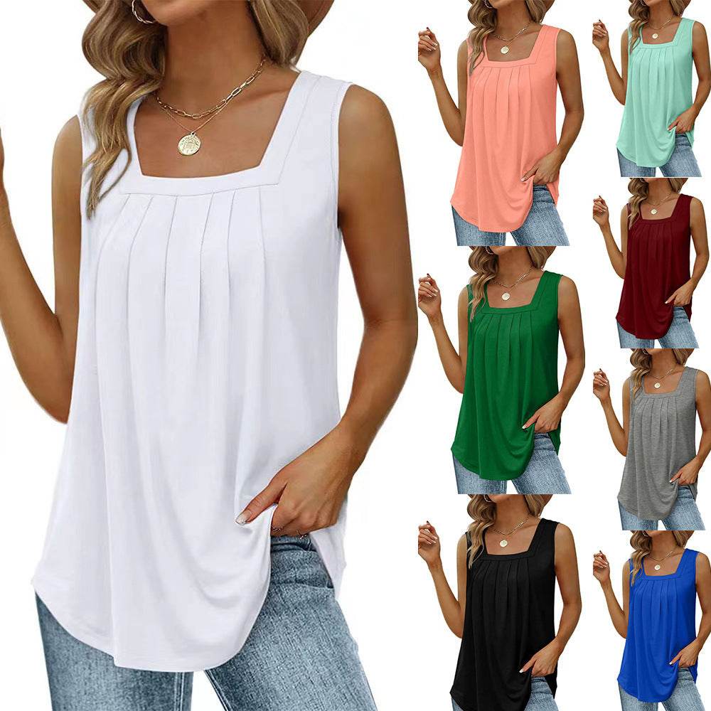Summer cotton Tops For Women Loose Fit Pleated Square Neck Sleeveless Blouse Tops - EX-STOCK Canada