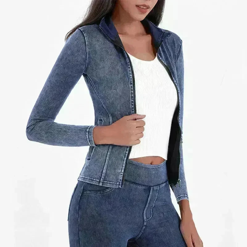 Fashion Slim fit Zipper High neck Denim Jacket for women - EX-STOCK CANADA