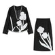 Black And White Splicing Velvet V-neck Overlapping Coat Color Contrast Skirt Suit - EX-STOCK CANADA
