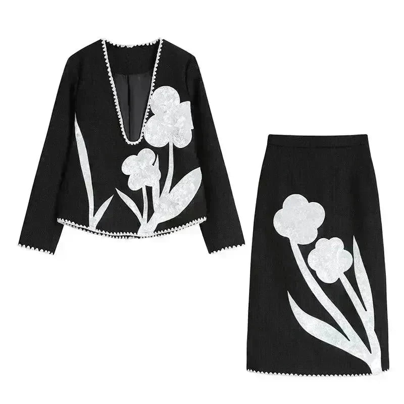 Black And White Splicing Velvet V-neck Overlapping Coat Color Contrast Skirt Suit - EX-STOCK CANADA