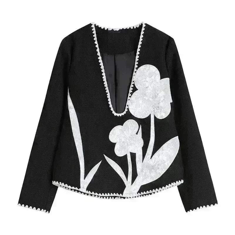 Black And White Splicing Velvet V-neck Overlapping Coat Color Contrast Skirt Suit - EX-STOCK CANADA