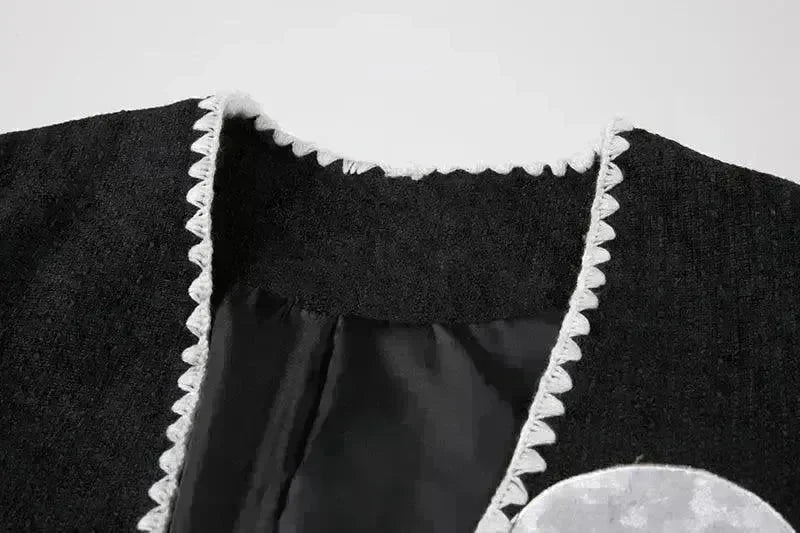 Black And White Splicing Velvet V-neck Overlapping Coat Color Contrast Skirt Suit - EX-STOCK CANADA