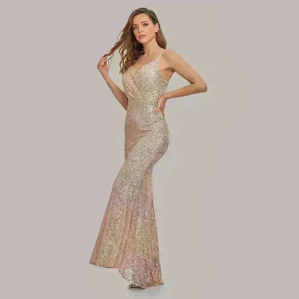 Body Fitted Wedding Bridesmaid Party Sequined Champagne sexy Long Dress - EX-STOCK CANADA