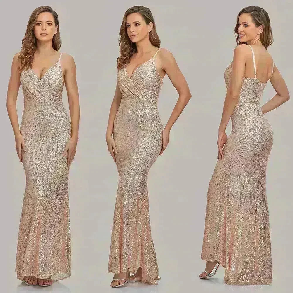 Body Fitted Wedding Bridesmaid Party Sequined Champagne sexy Long Dress - EX-STOCK CANADA