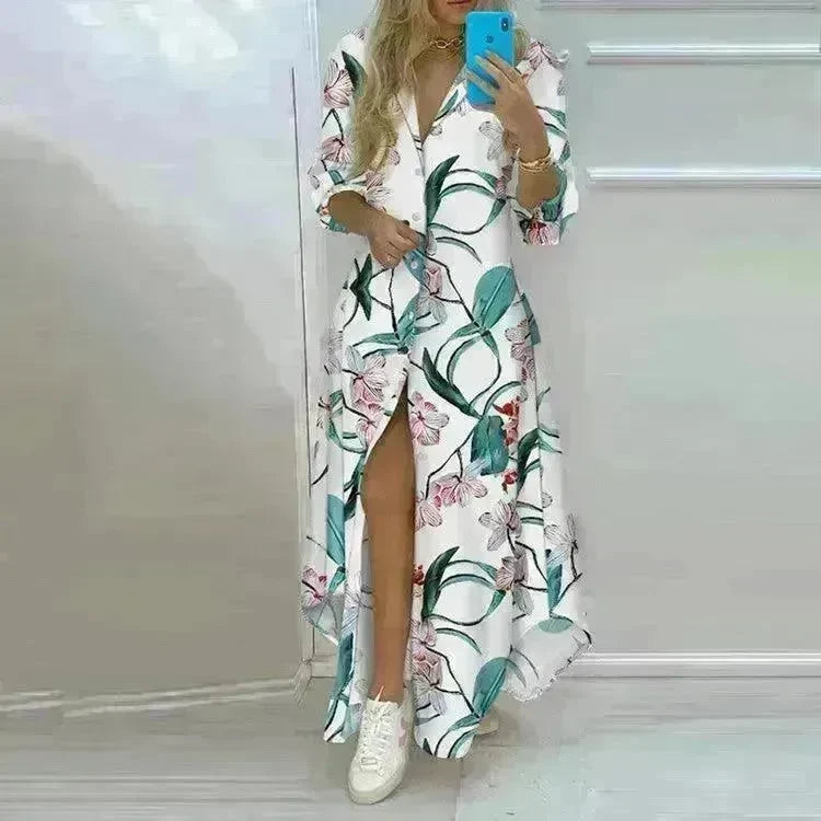 Button Fashion Print Long Sleeve Shirt Sexy Dress Women - EX-STOCK CANADA