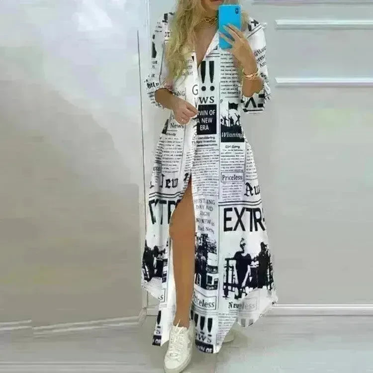 Button Fashion Print Long Sleeve Shirt Sexy Dress Women - EX-STOCK CANADA