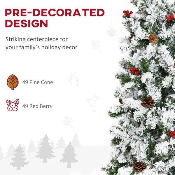 9-foot Pencil Snow Flocked Artificial Christmas Tree With 1350 Pine Realistic Branches, Pine Cones, Red Berries, Auto Open, Green EX-STOCK Canada 