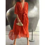 Batwing Sleeve V-neck Dress Summer Pure Color Tied Irregular Wrap Midi Dresses for Women - EX-STOCK CANADA
