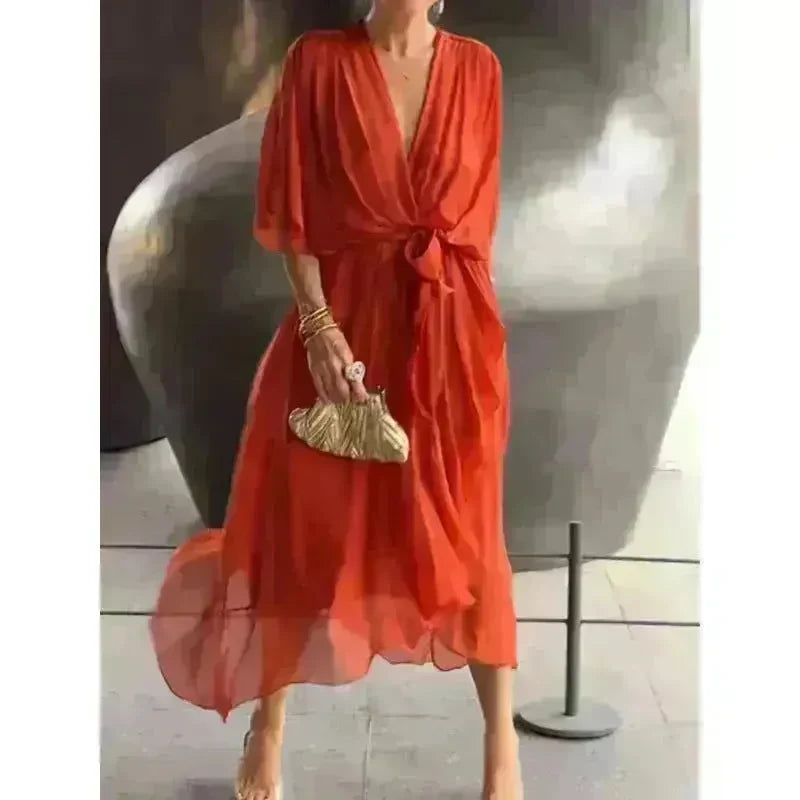 Batwing Sleeve V-neck Dress Summer Pure Color Tied Irregular Wrap Midi Dresses for Women - EX-STOCK CANADA